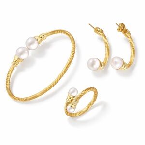 Pearl Gold Cable Cuff Bracelet Ring and Earrings Set